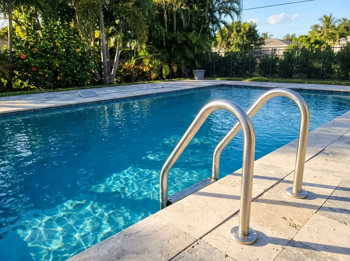 Pair of stainless ladder grab rails at the deep end of an in-ground residential pool