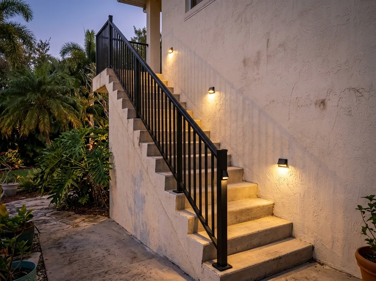 Small aluminum sconce lights on railing posts casting light down onto exterior stairs