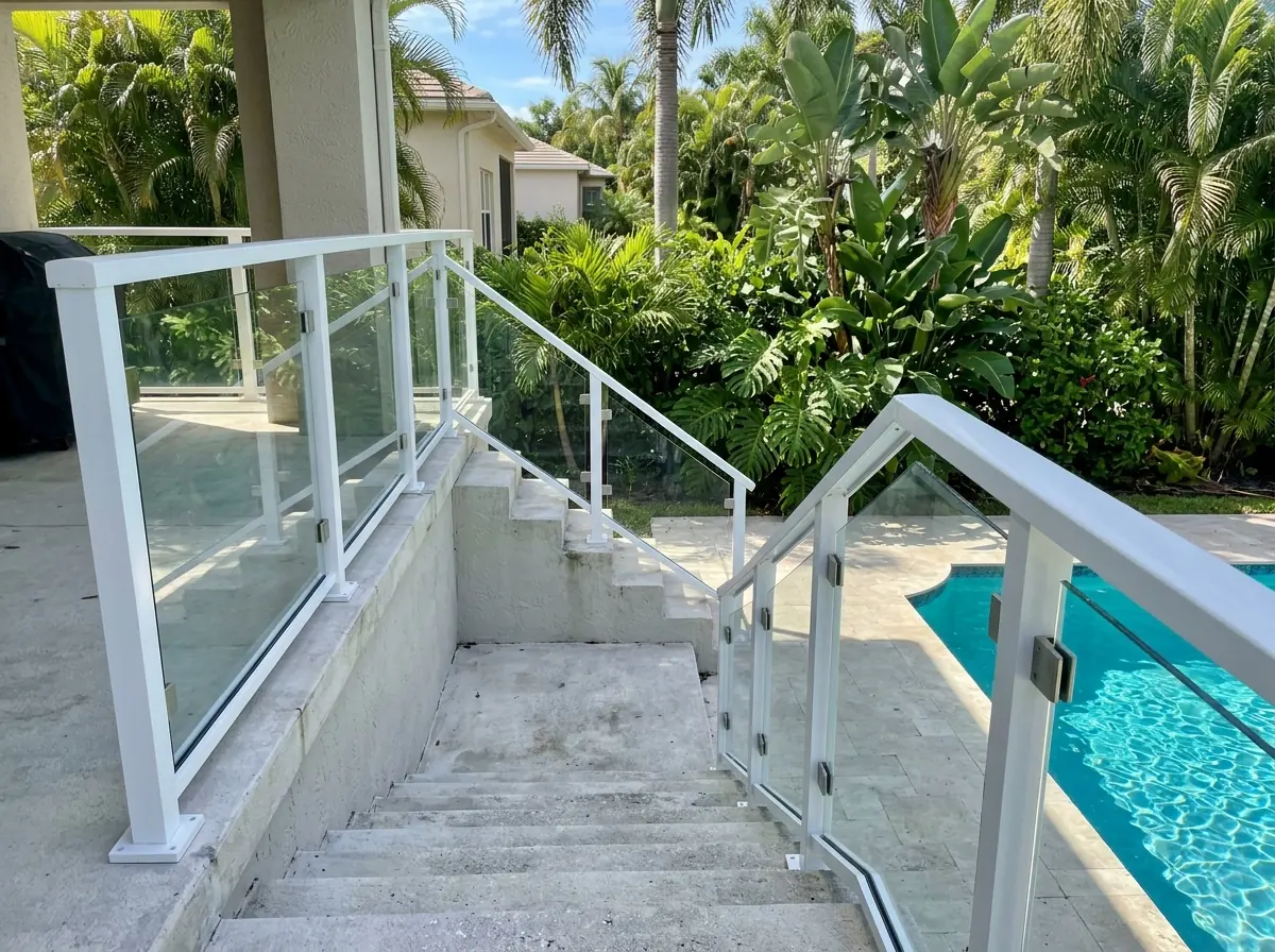Square aluminum posts with clamped glass panels on an outdoor stair to a pool deck
