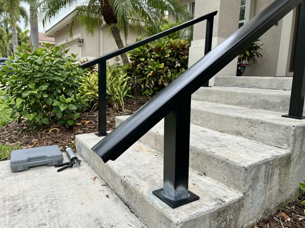 Black powder-coated steel railing over a galvanized base on exterior steps