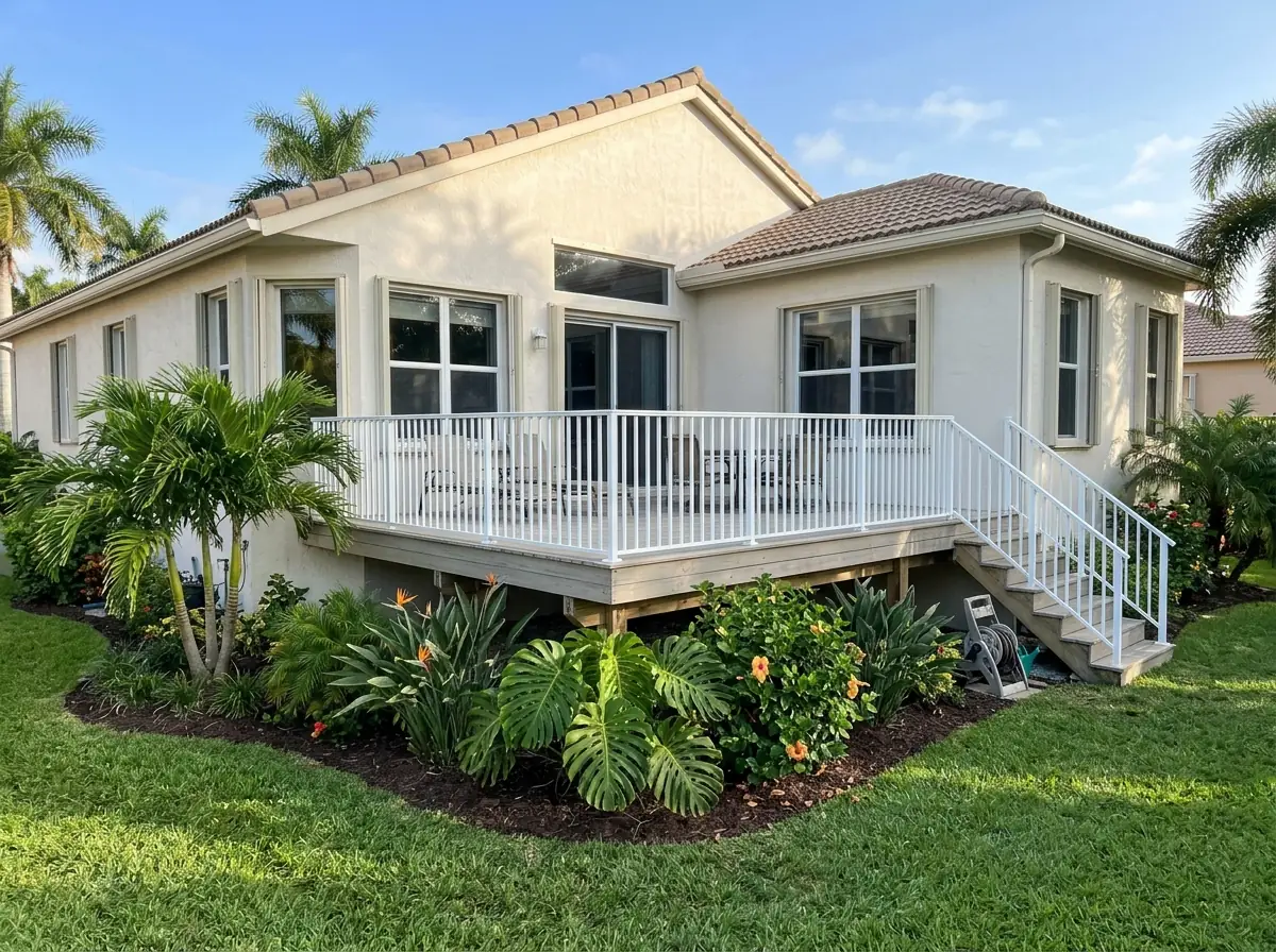 White powder-coated aluminum railing around a raised rear deck of a Florida house