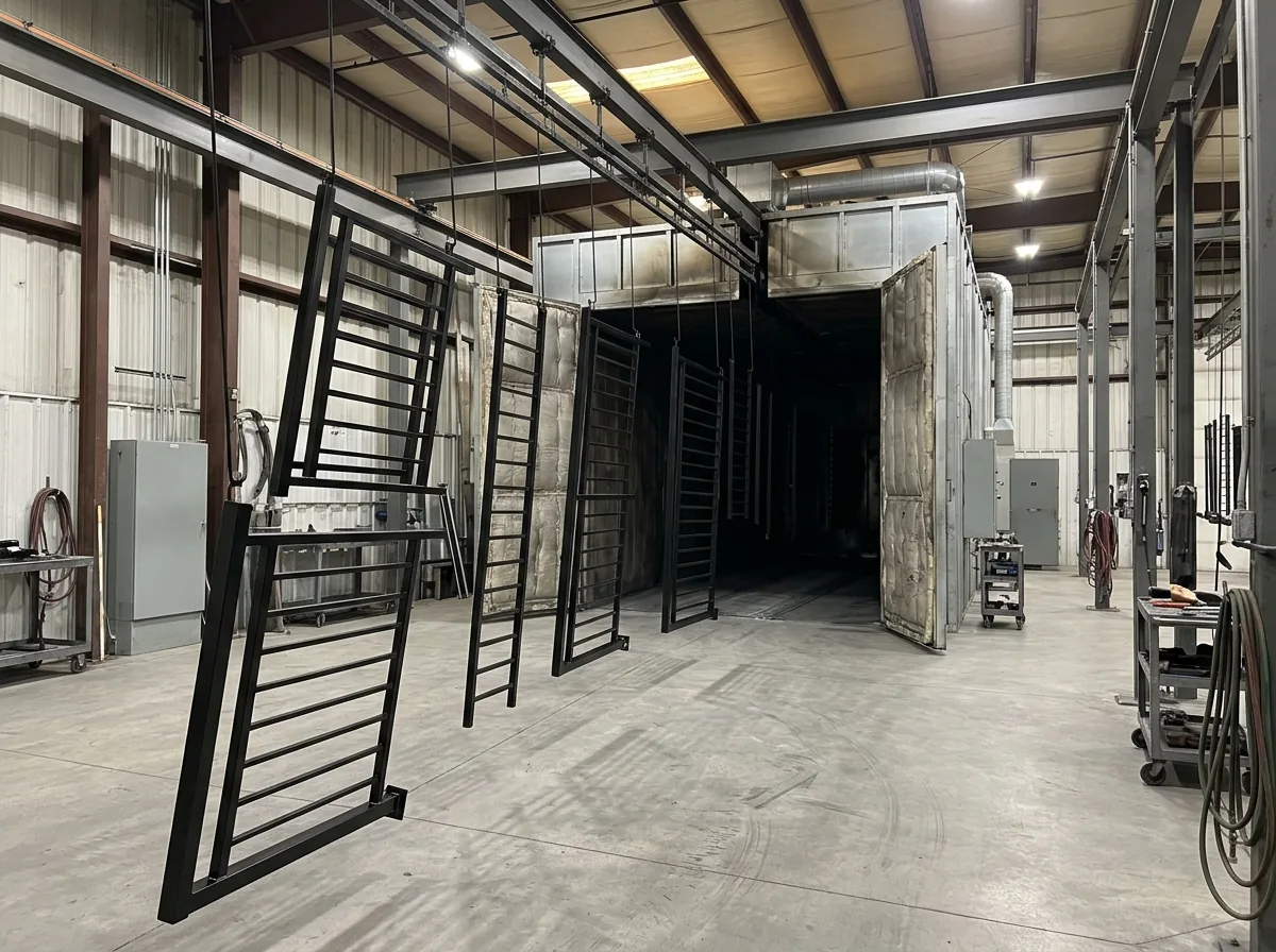 Freshly powder-coated black aluminum railing sections hanging on a rack in a coating shop