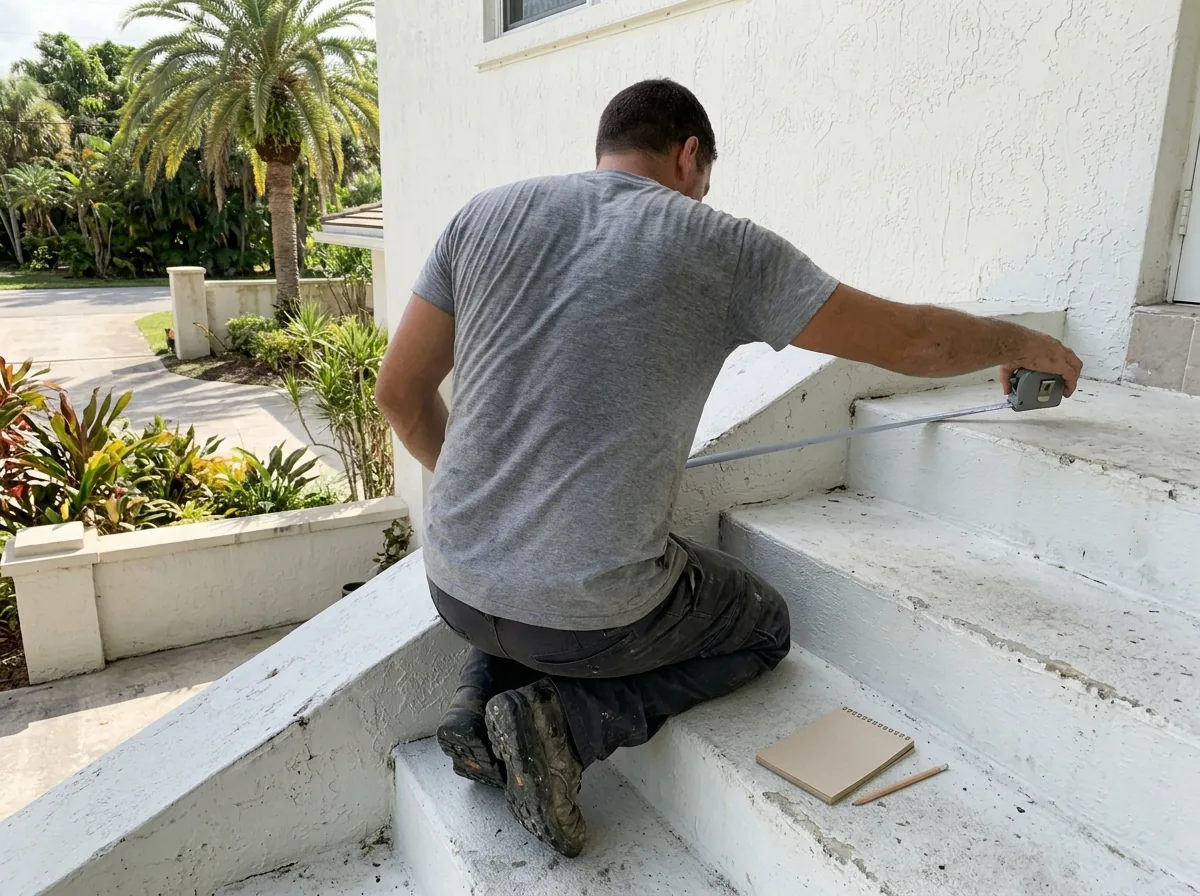 Installer measuring a concrete entry staircase for a new railing