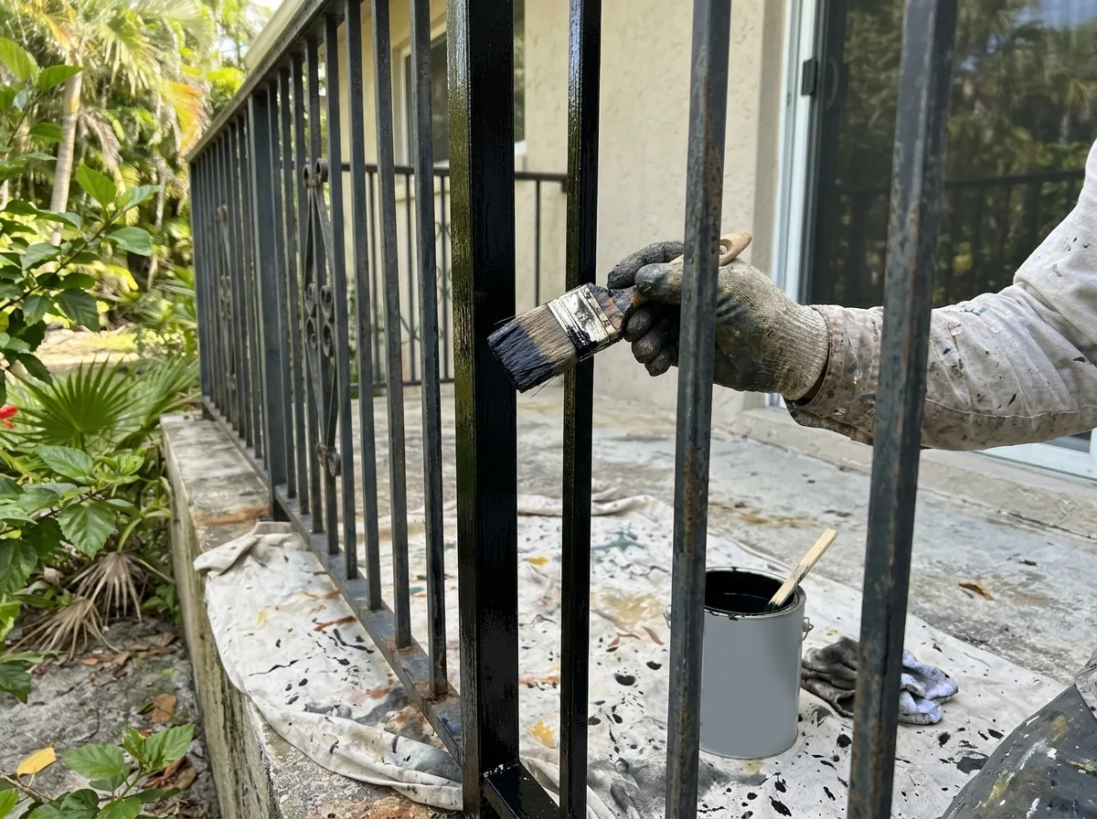 Painter brushing black enamel onto the balusters of an exterior metal railing