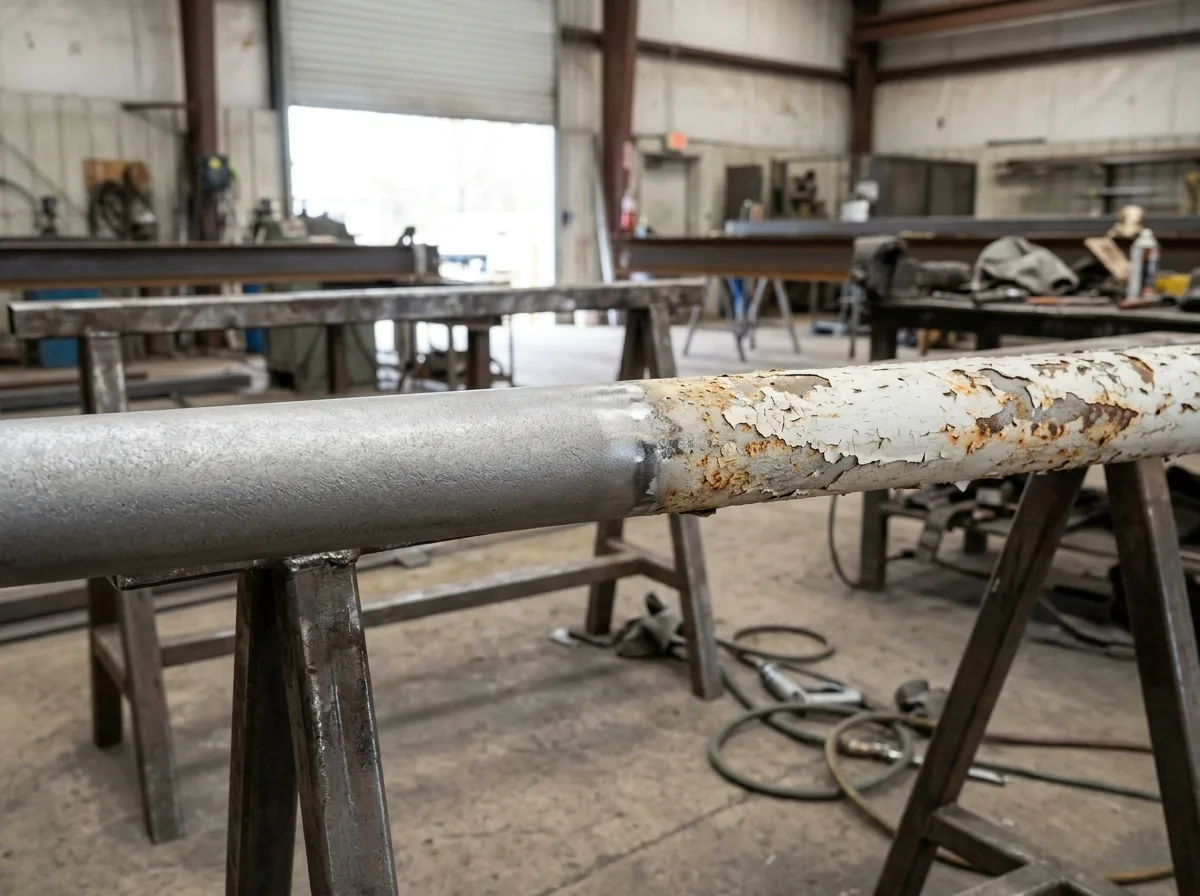 Gray steel railing stripped to bare metal beside a section still showing peeling paint