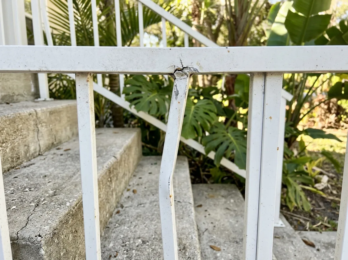 Bent aluminum railing picket and cracked weld at a top rail joint on an outdoor stair