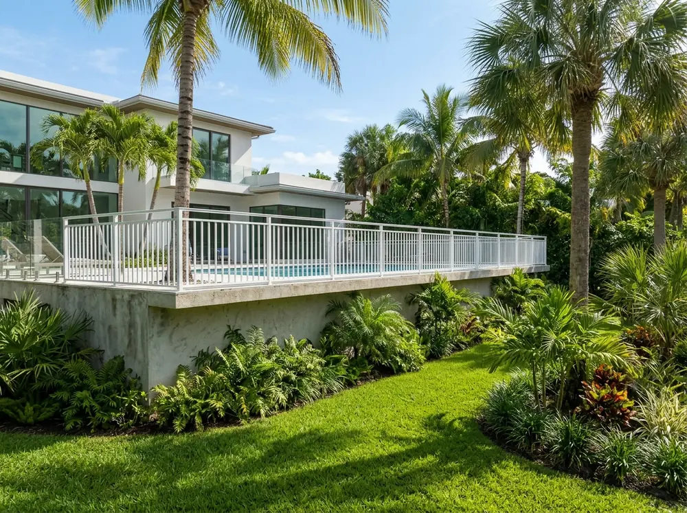 White aluminum guard railing along a raised pool terrace above a lower lawn