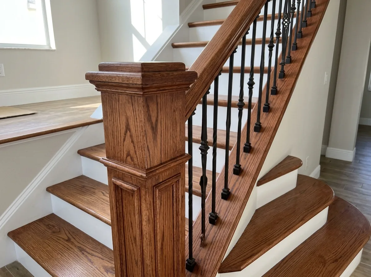 Stained red oak handrail and newel post at the bottom of a wood staircase