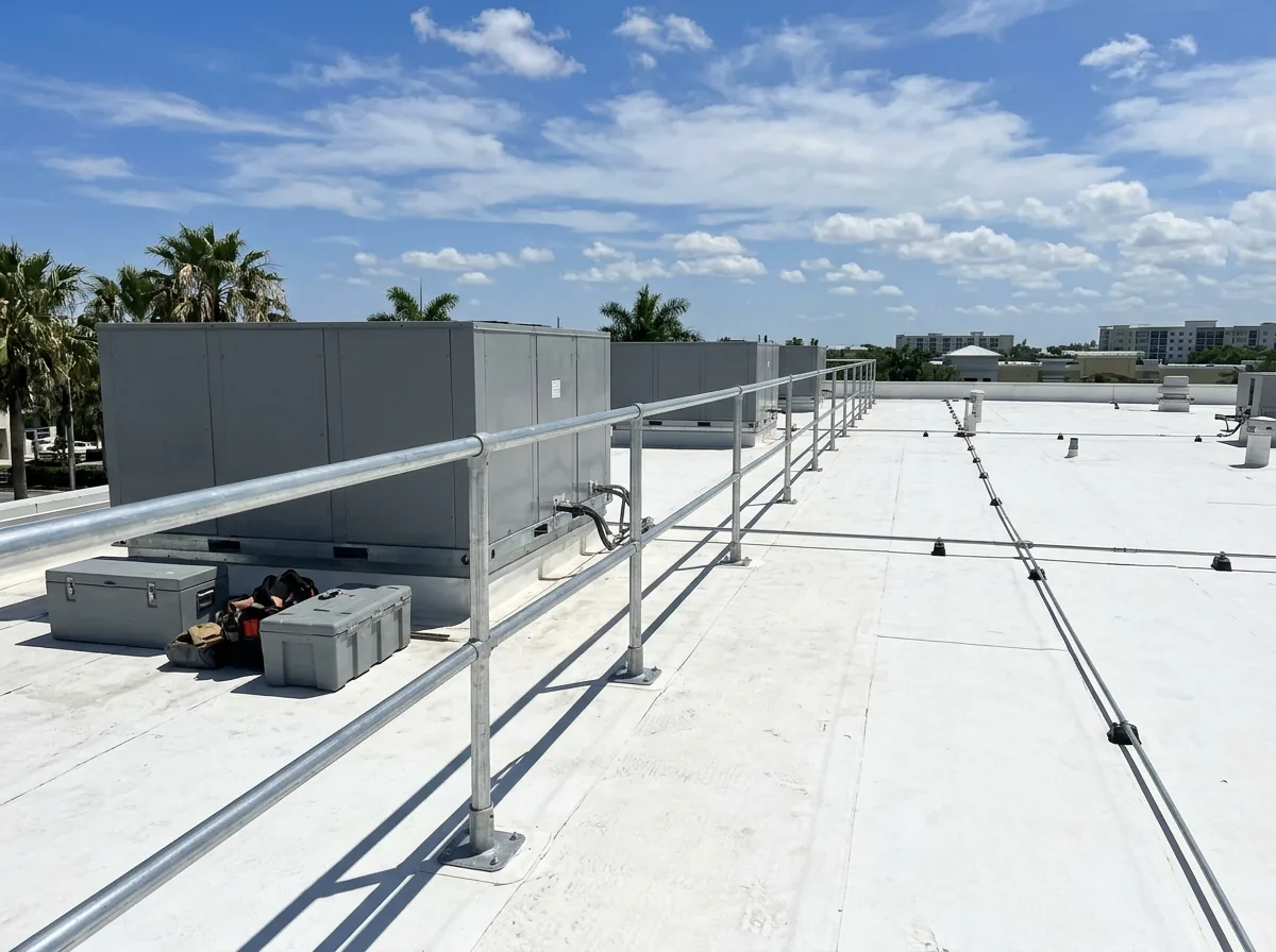 Galvanized steel guardrail around rooftop air-conditioning units near the edge of a flat commercial roof