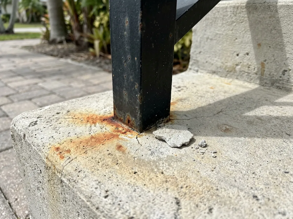 Rust-stained steel railing post base on an exterior concrete step with cracked concrete around it
