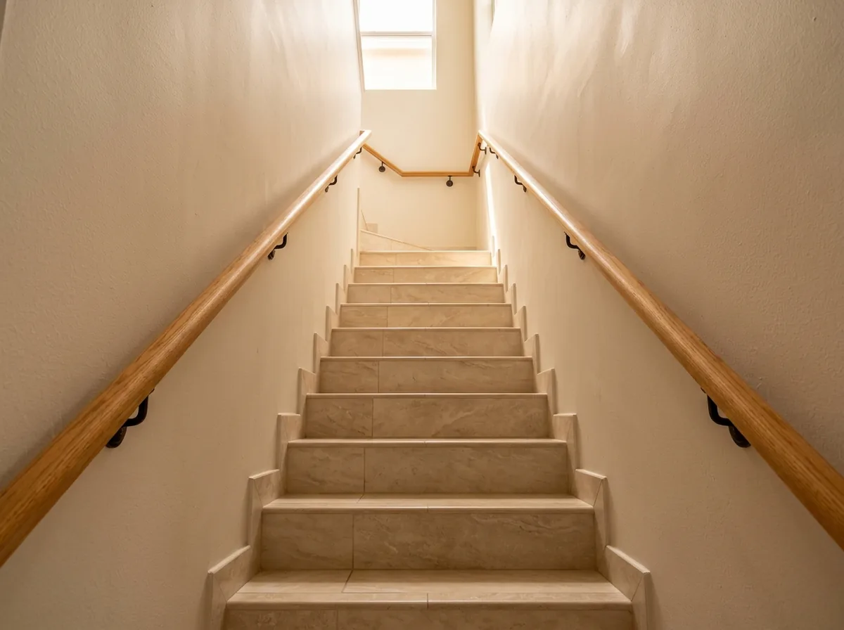 Matching handrails on both sides of a narrow interior staircase