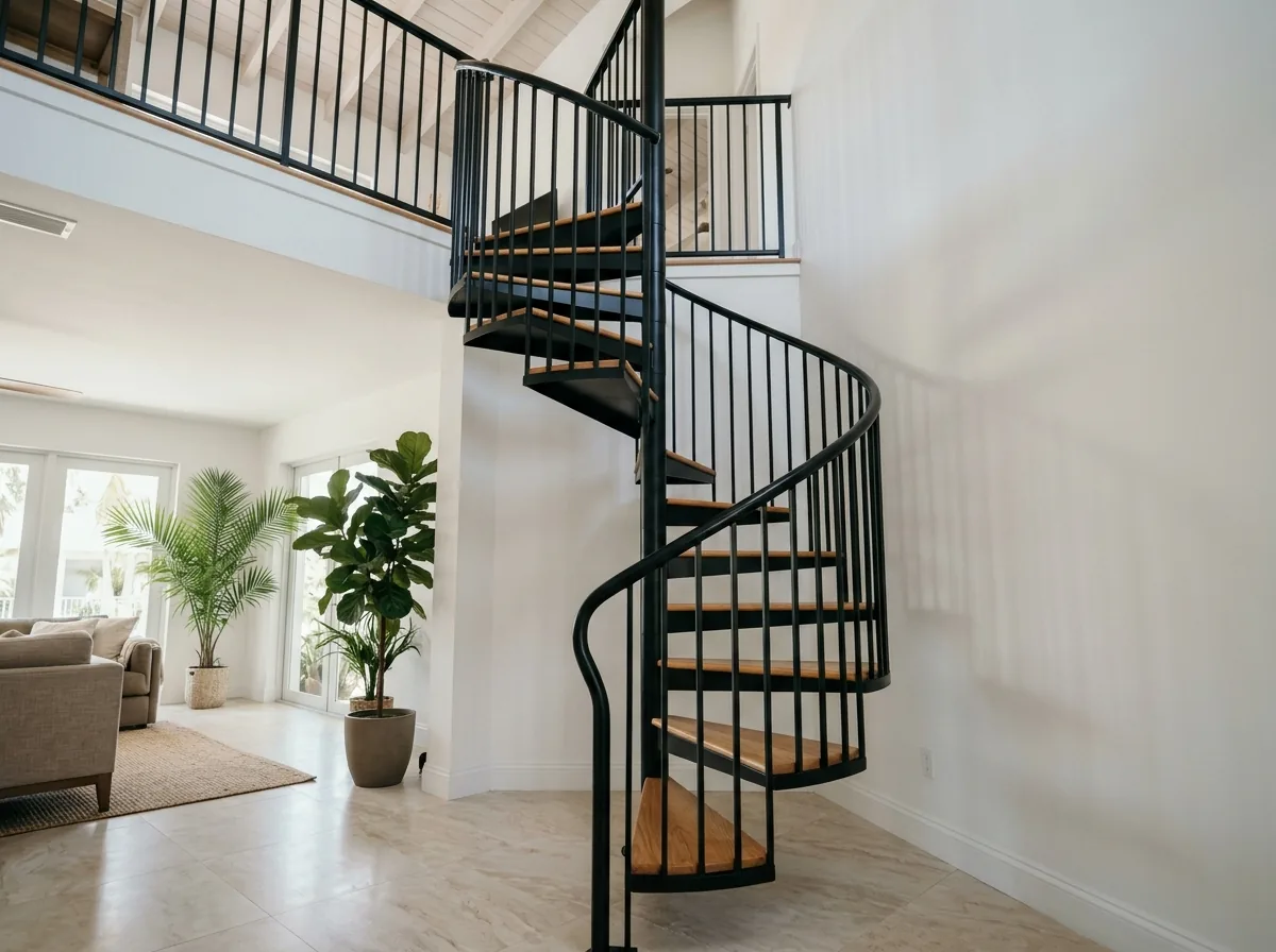Black metal spiral staircase with a curved handrail and vertical balusters in a living room
