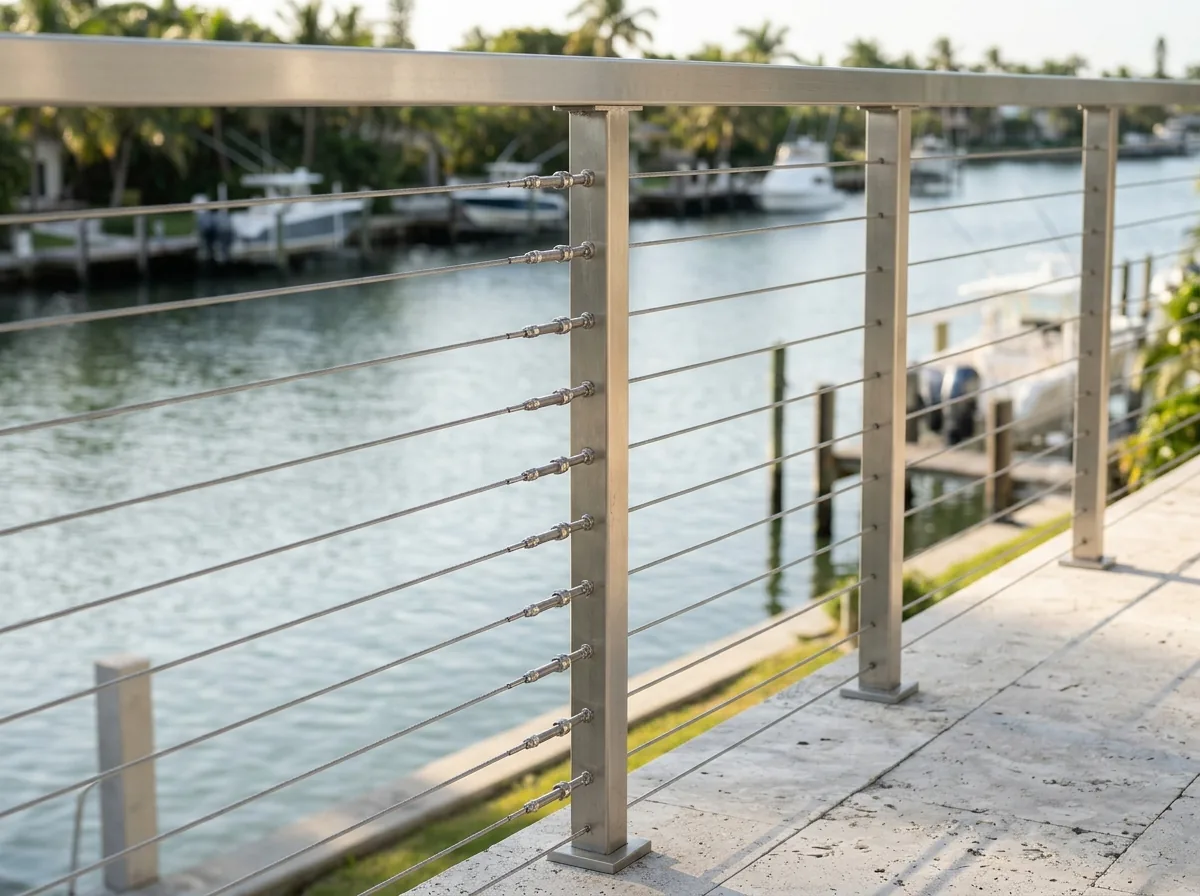 Horizontal stainless steel cables between brushed stainless posts on a waterfront balcony