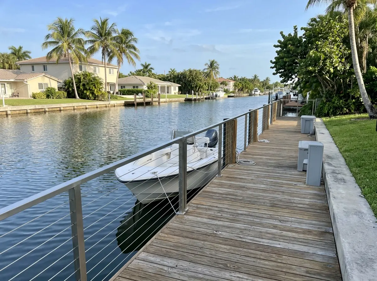 Stainless steel cable railing along a wood dock over a residential canal