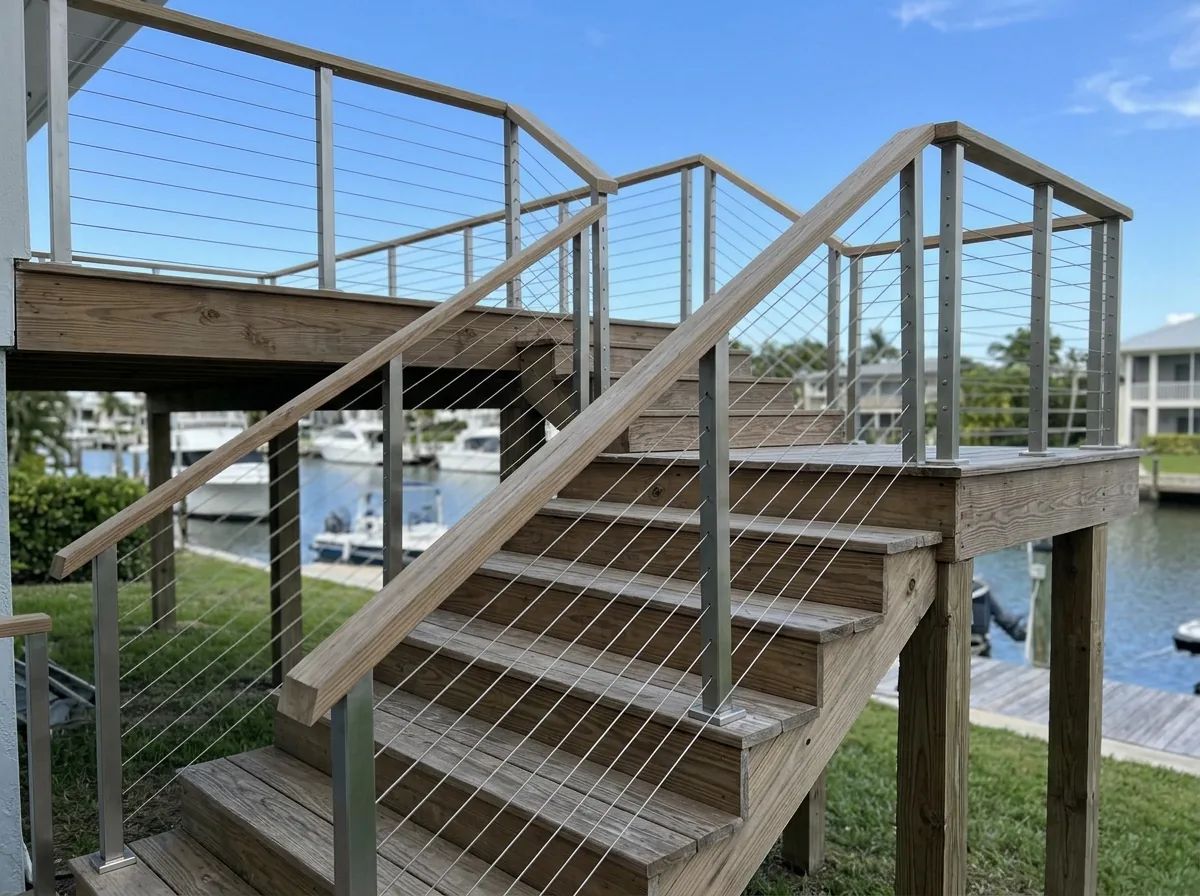 Stainless steel cable railing on exterior stairs to a waterfront deck