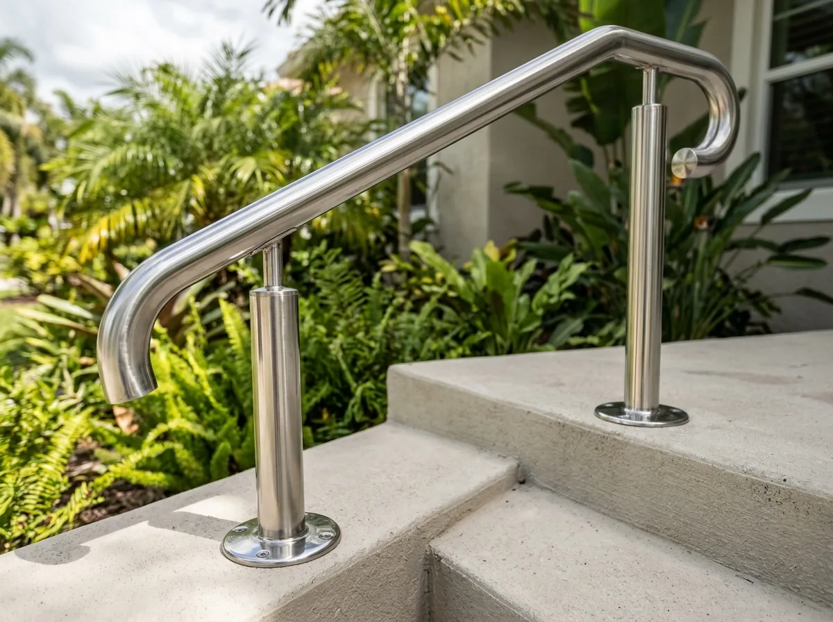 Polished round stainless handrail on short posts beside entry steps