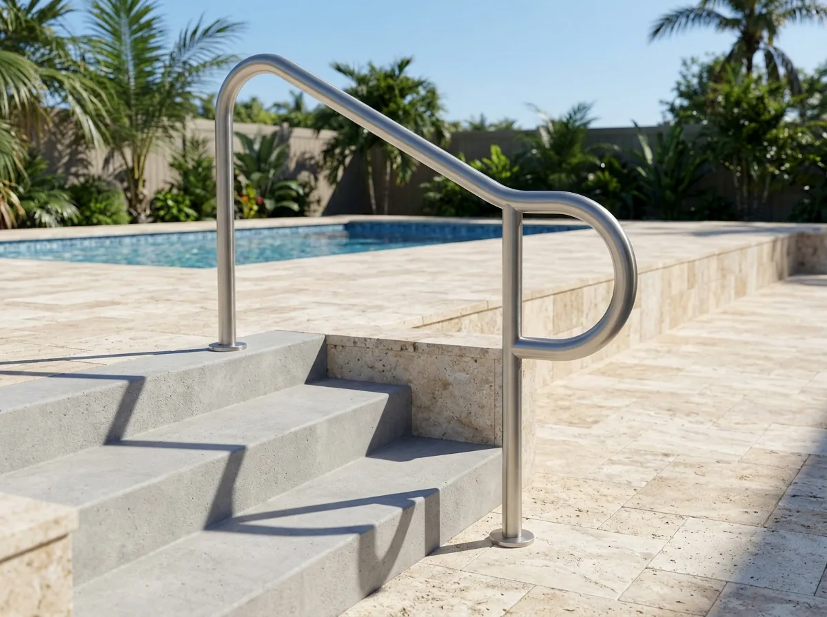 Brushed stainless round handrail on posts along short concrete steps to a pool deck