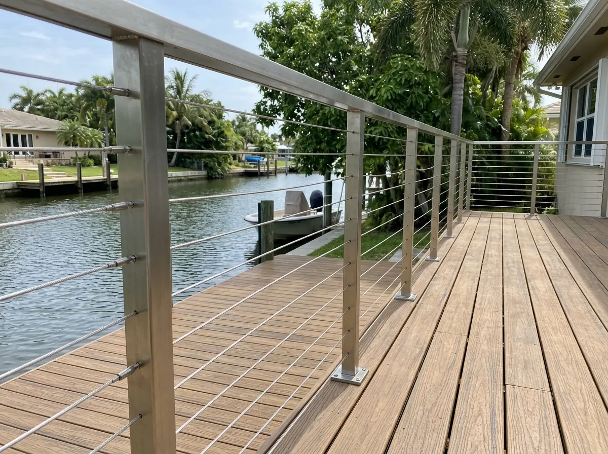 Stainless steel posts and horizontal cables on a waterfront deck facing a canal