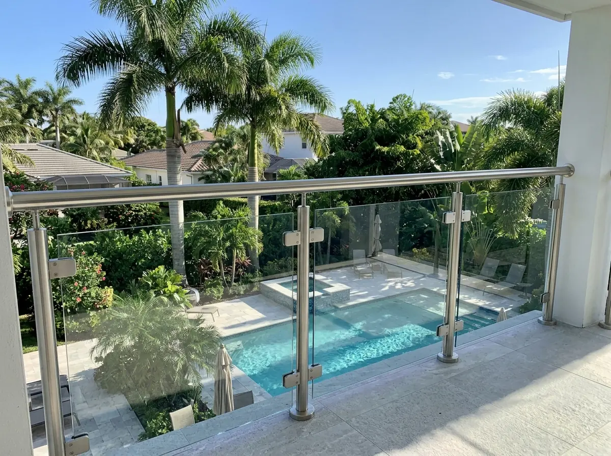 Stainless steel posts and clamps holding clear glass panels on a balcony over a pool