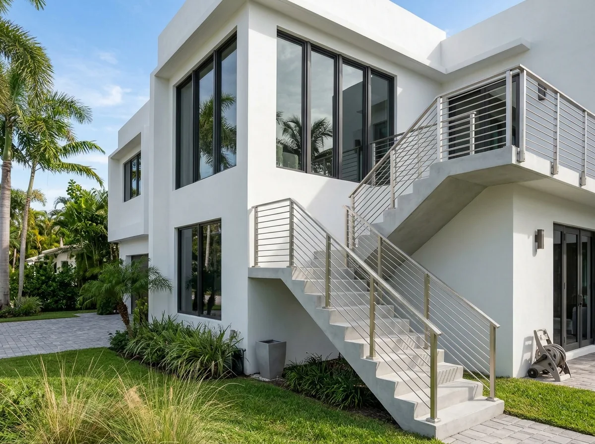 Brushed stainless posts with horizontal round rods along a modern exterior staircase