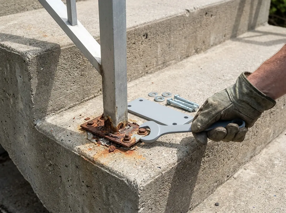 Loose railing post base on concrete steps being repaired