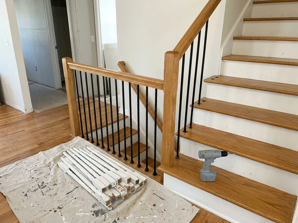 Staircase mid-replacement with new metal balusters on the lower half