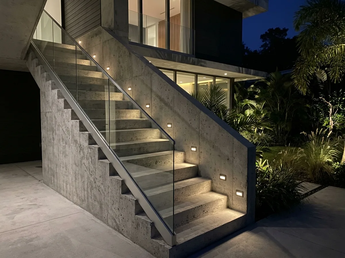 Low step lights set into the stair wall beside a glass railing at night