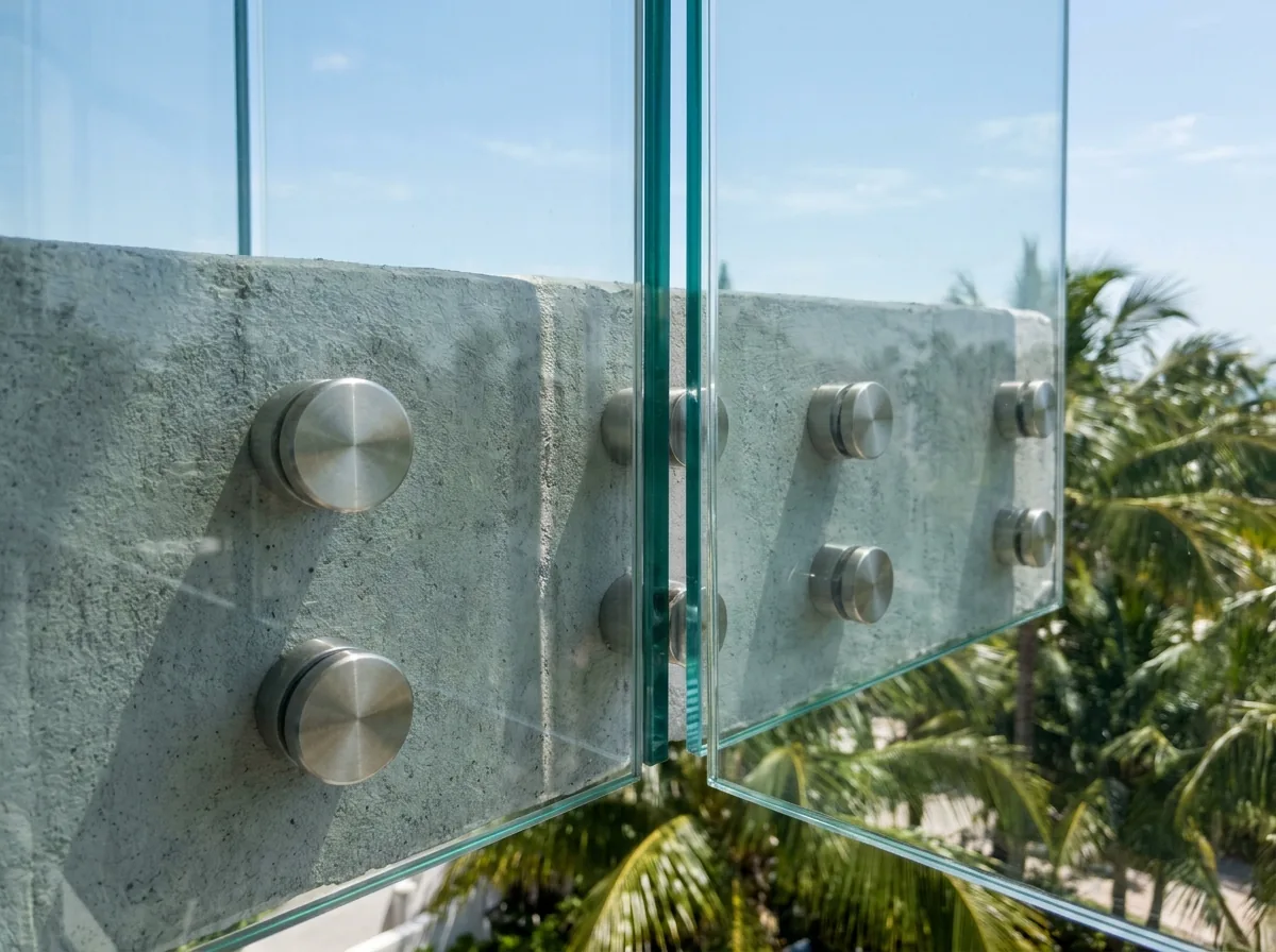 Clear glass balcony panels fixed to the slab edge with round stainless standoff pins