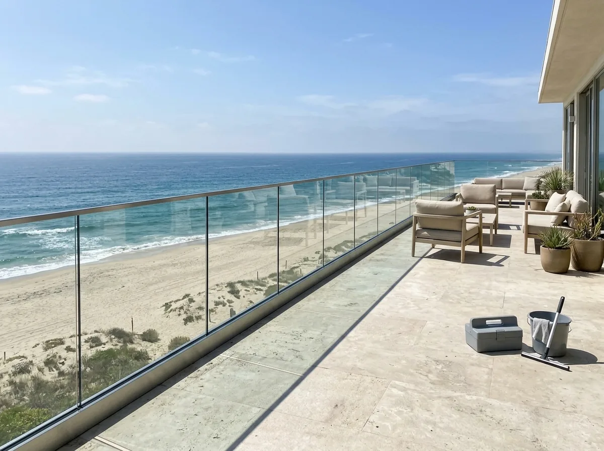 Tall laminated glass panels in a low metal base shoe with no posts along an oceanfront terrace