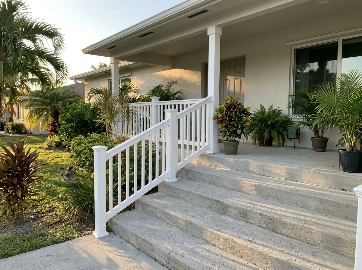 White vinyl railing on wide concrete steps to a covered front porch