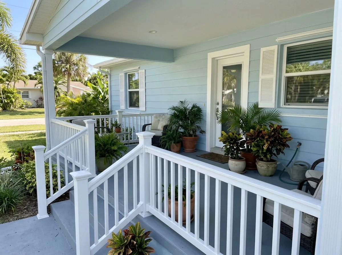 Clean white vinyl railing with square balusters on a covered front porch