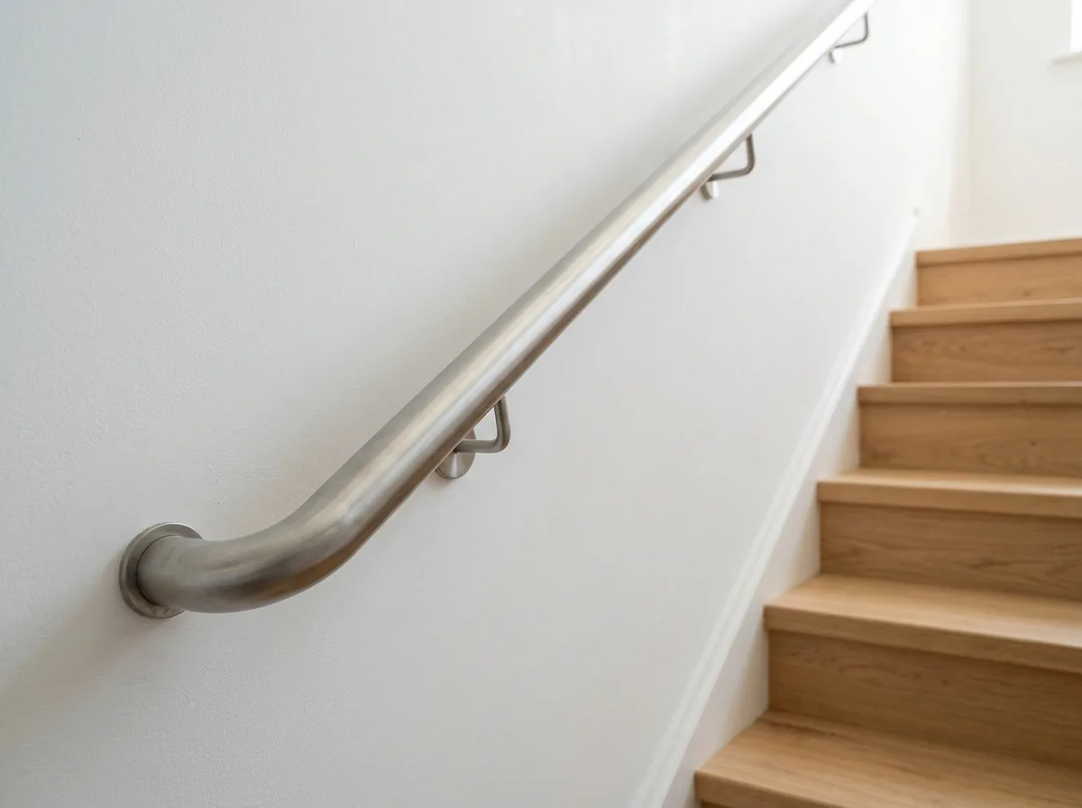 Round stainless handrail mounted to the wall with brackets