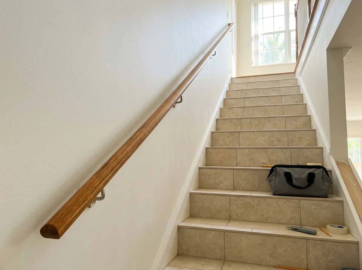 Round wood handrail on metal brackets fixed to a painted stairwell wall