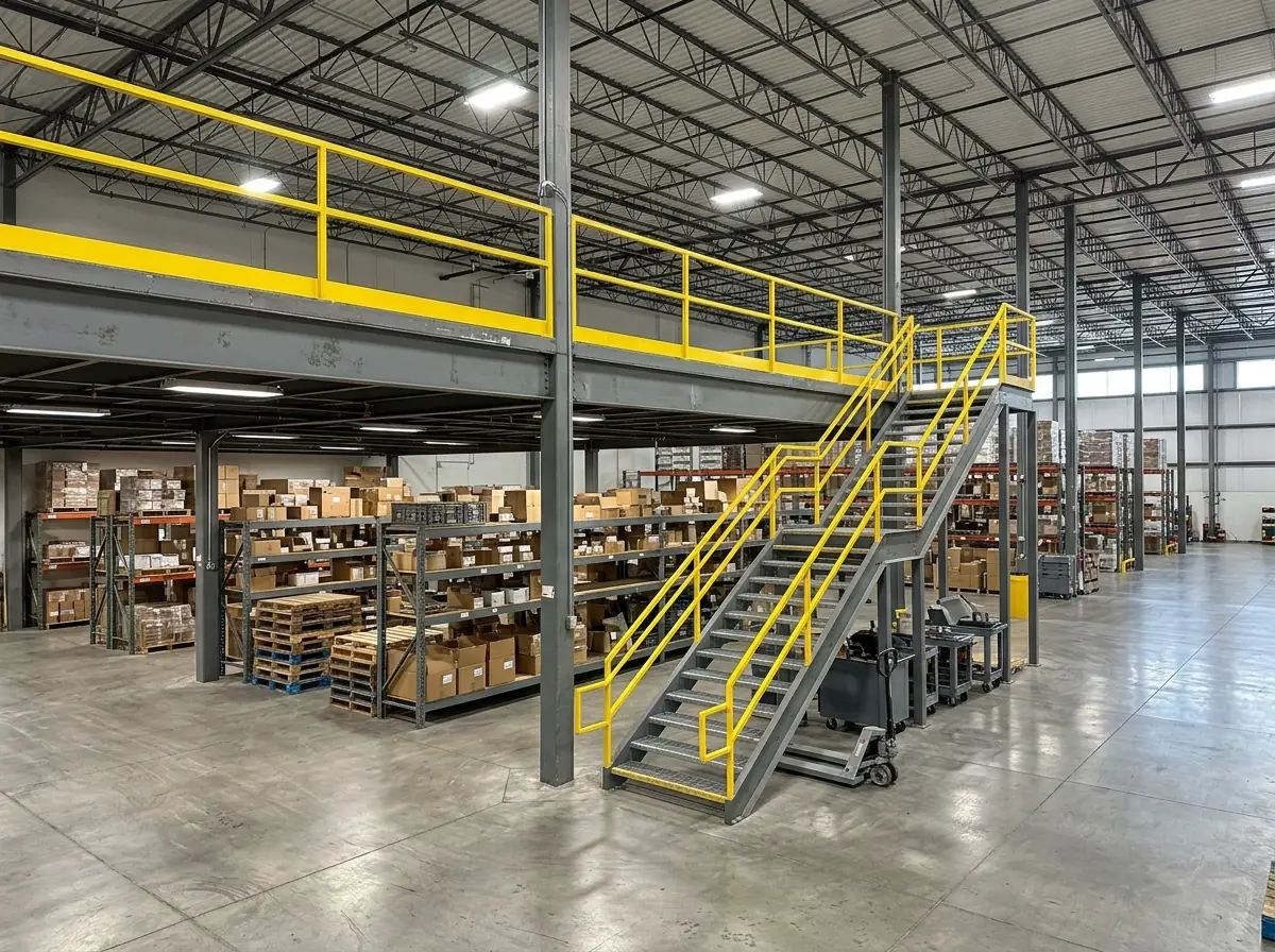 Yellow powder-coated steel stair rail and guardrail on a mezzanine in a warehouse