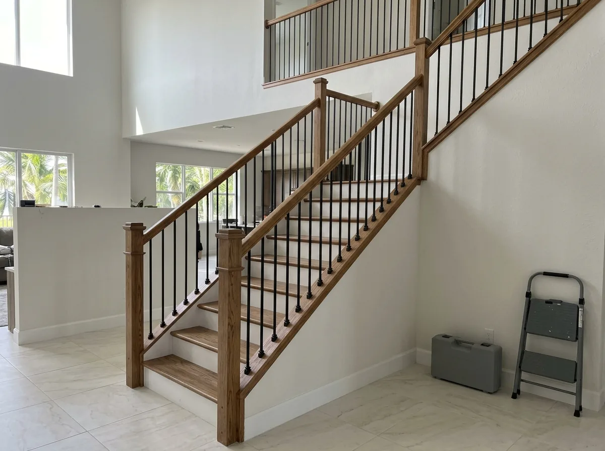 Stained wood handrail over black metal balusters on an open staircase