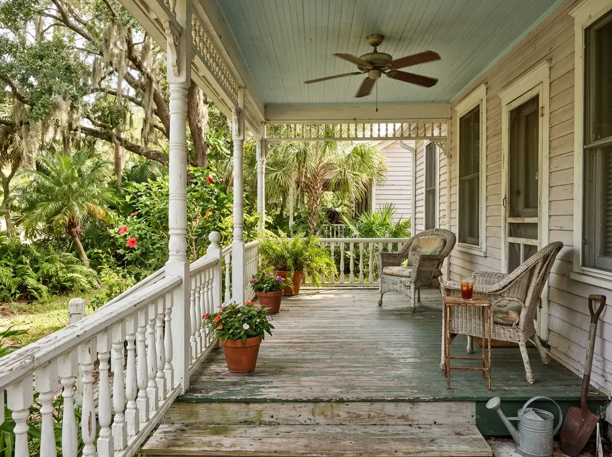 Painted wood porch railing with turned balusters on an older Florida bungalow