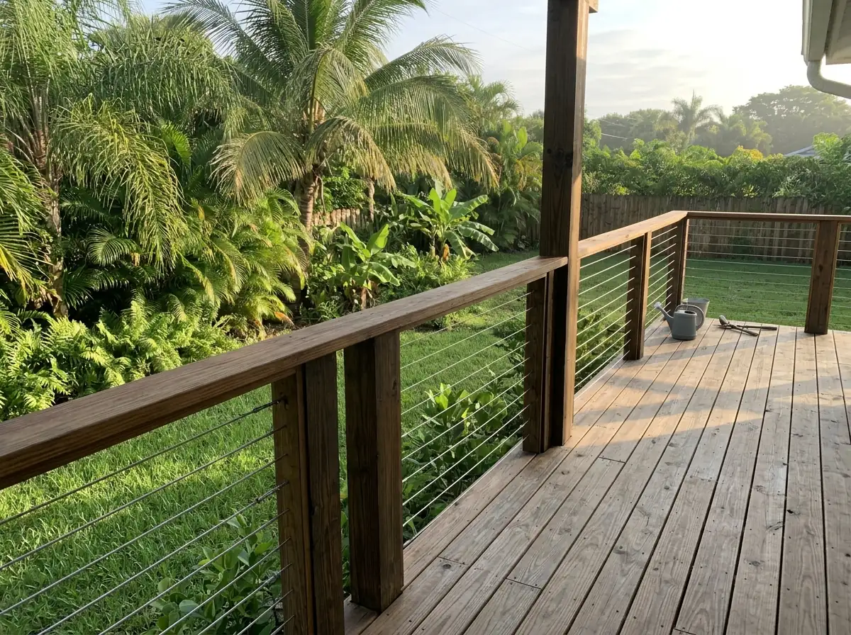Wood deck posts and top rail with horizontal stainless cables over a backyard