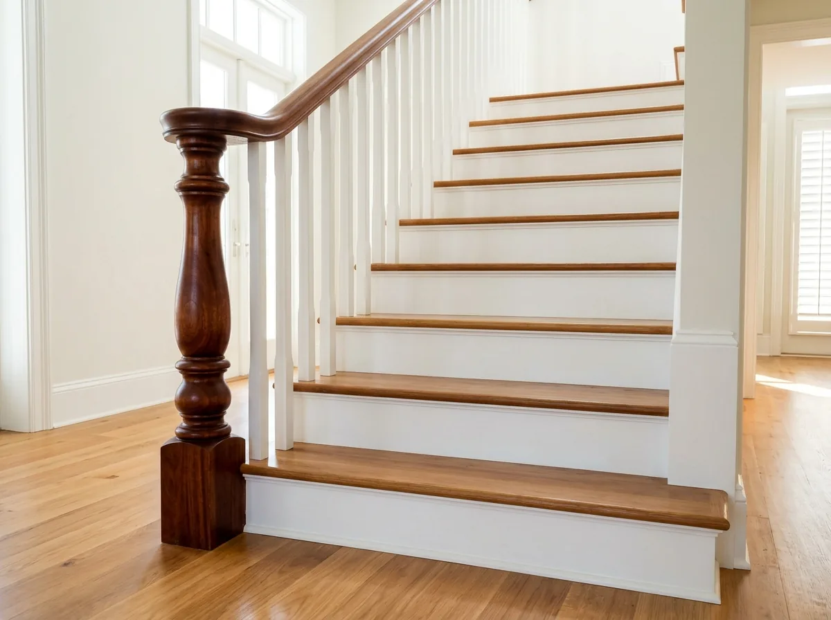 Mahogany handrail and newel post with white wood balusters