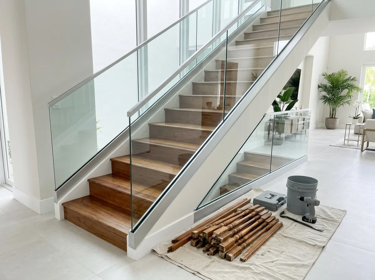 Old wood stair railing removed and replaced with frameless glass panels on a modern staircase