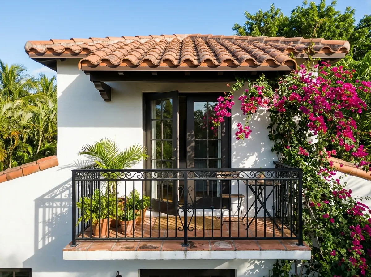 Black scrolled iron railing on a small Juliet-style balcony of a stucco house