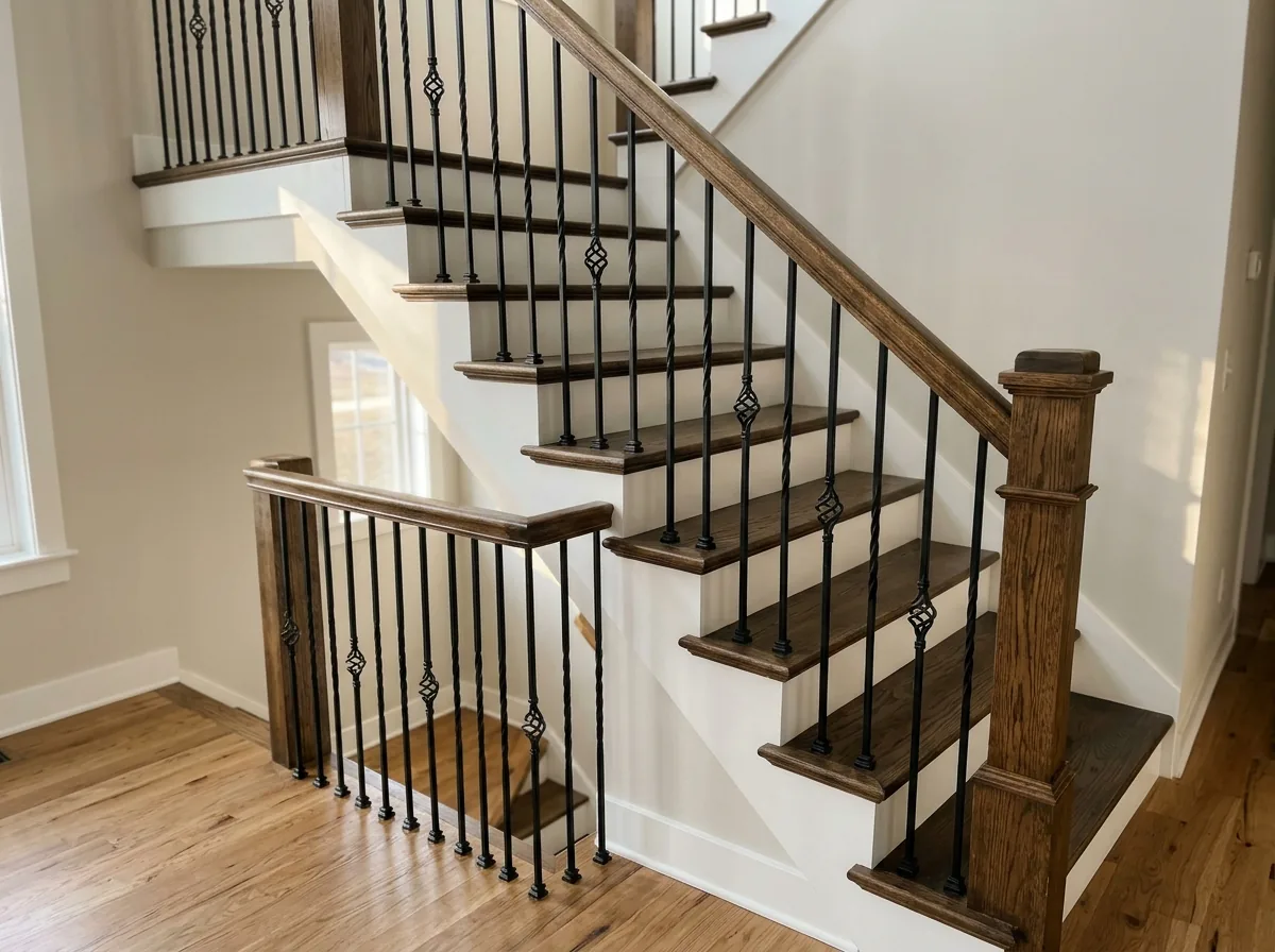 Oak handrail with black wrought iron balusters on an interior staircase